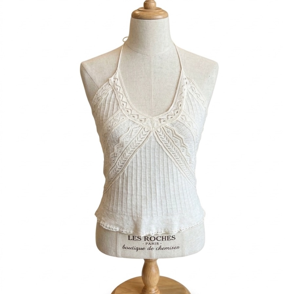 Ralph Lauren 100% Linen Crochet Halter Top Small Boho Ivory Knit
